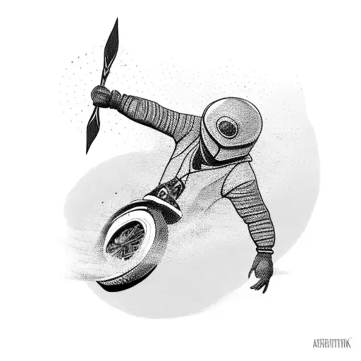 A Blackwork Tattoo Of A Motorcycle Tire Track Transforming Into Hunting Arrows