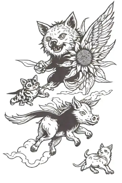 A Sunflower Monster Chasing A Flying Pig That Is Dodging A Cat Flying A Paper Plane