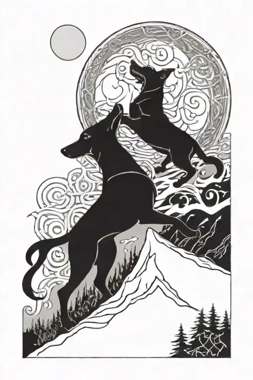 Celtic Hounds Howling At The Moon Half Sleeve Tattoo Featuring Night Scape