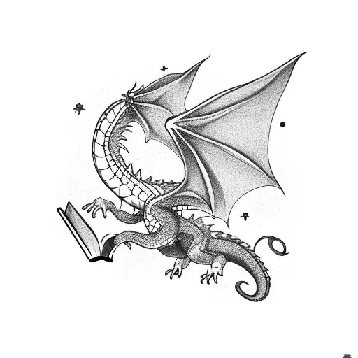 Dragon Emerging From A Book And Flying Towards The Stars