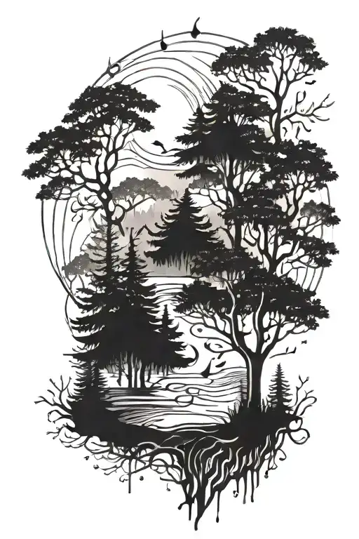 A Tattoo Of A Majestic Forest Landscape With Musical Notes Intertwined In The Trees