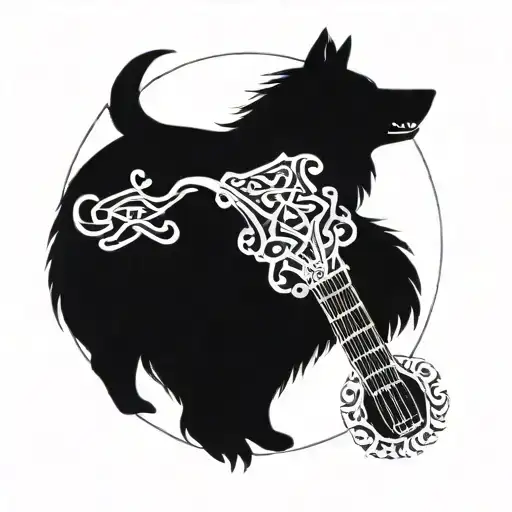 Design A Guitar Surrounded By A Boar Head And Collie Dog In A Celtic Pattern