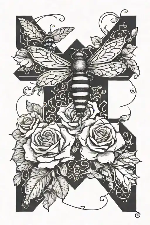 A Religious Cross With A Bee On Top And Rose Petals Surrounding The Cross
