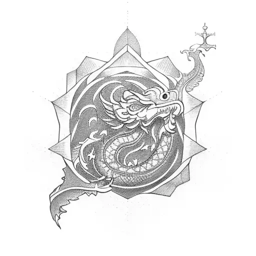 A Sacred Geometric Dragon Surrounded By A Divine Waterfall