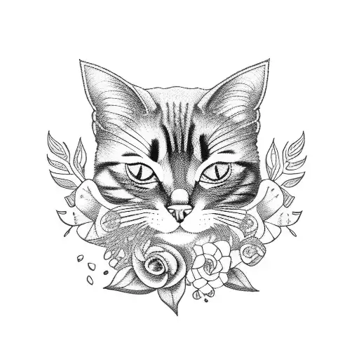 A Blackwork Tattoo Of A Cat Surrounded By Flowers