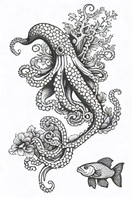 Octopus And Pike With Kale An Small Fish Swarm