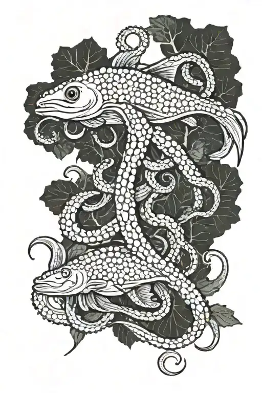 Octopus And Pike With Kale An Small Fish Swarm