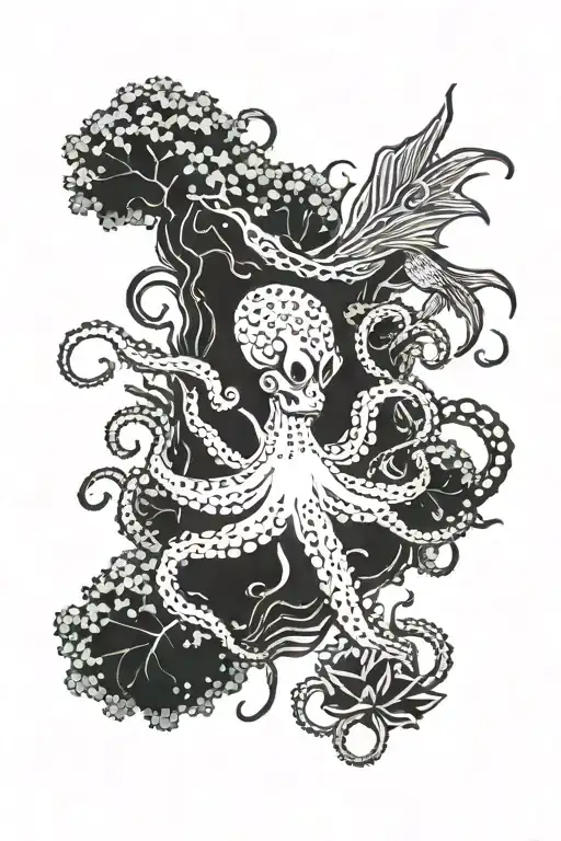 Octopus And Pike With Kale An Small Fish Swarm