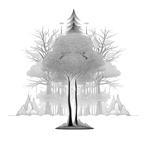 A Mystical Forest With Towering Trees And Hidden Creatures