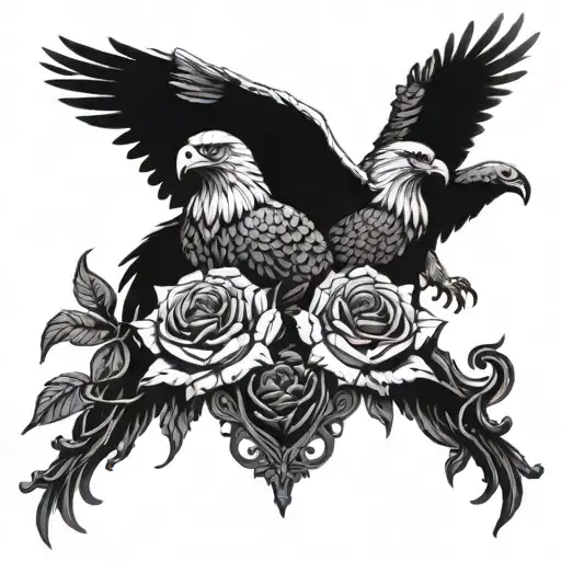 Two-headed Menacing Eagle In Gothic Style With Black Roses