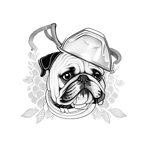 A Blackwork Tattoo Of A Dog Wearing A Construction Hat Surrounded By Flowers