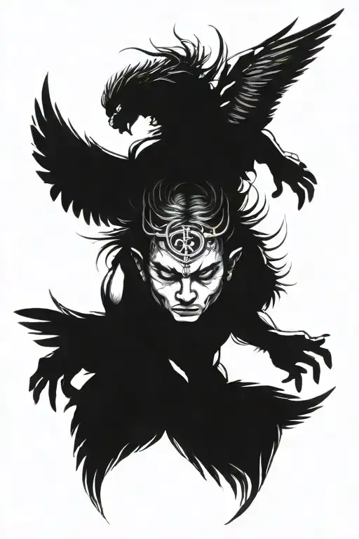 Male Angel With Six Wings And Serious Face Made Entirely