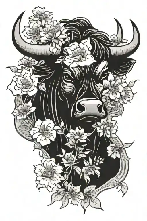 Japanese Bull On The Shoulder With Flowers Black And White