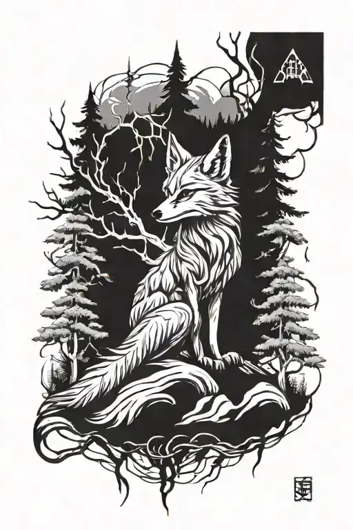 High Mountains In Front Of Them An Evil Fox With Nine Tails Breaks Trees A Tattoo Sketch