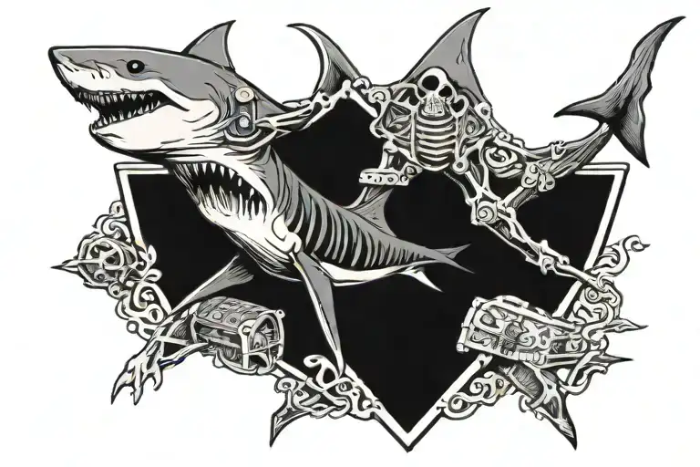 Shark With Treasure Chest And Skeleton Hand Holding