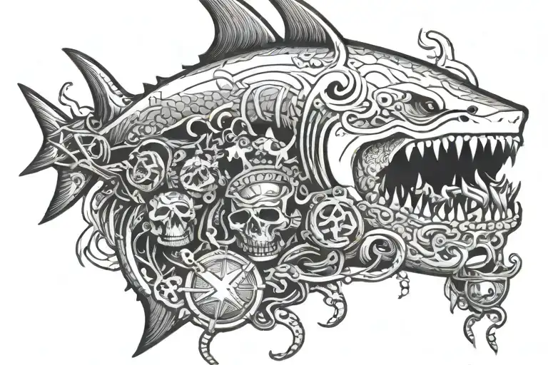 Shark With Treasure Chest Eating Skull