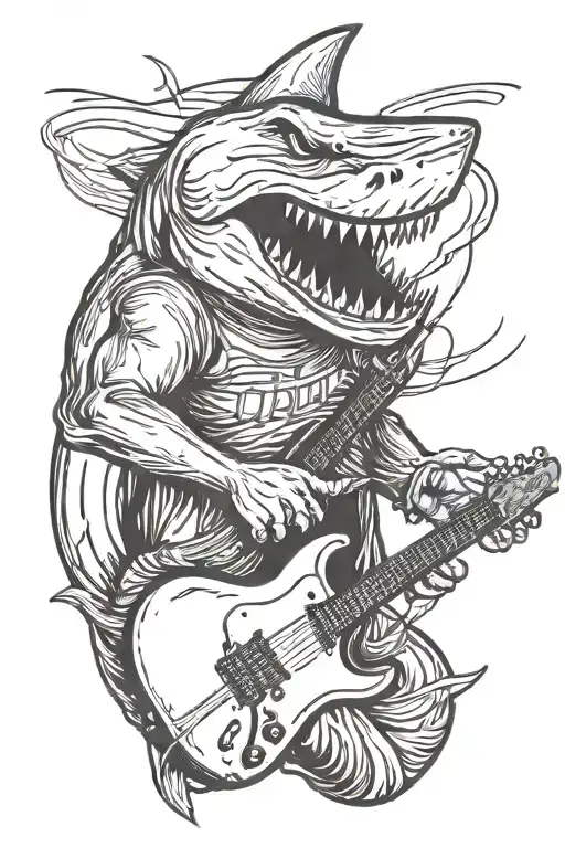 A Great White Shark Wearing 80S Style Sunglasses Playing An Electric Guitar