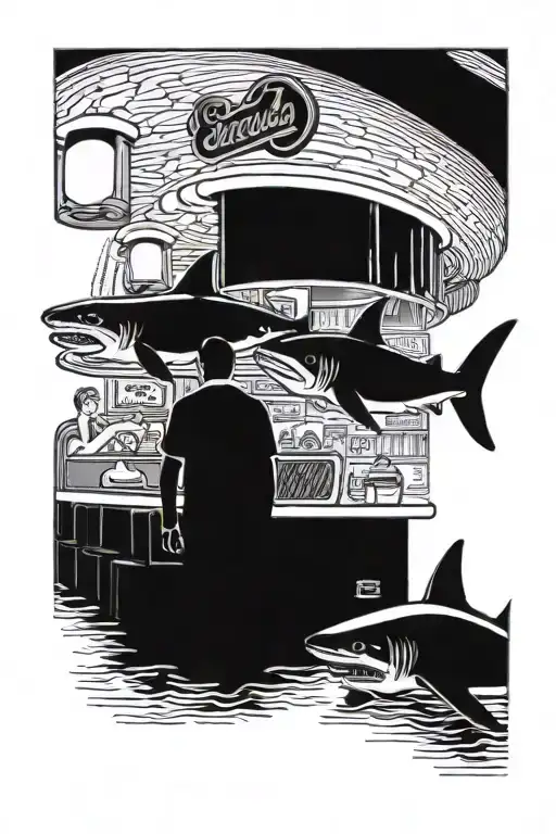 A Blackwork Tattoo Of A Retro 50S Diner Scene With Sharks Swimming In The Background