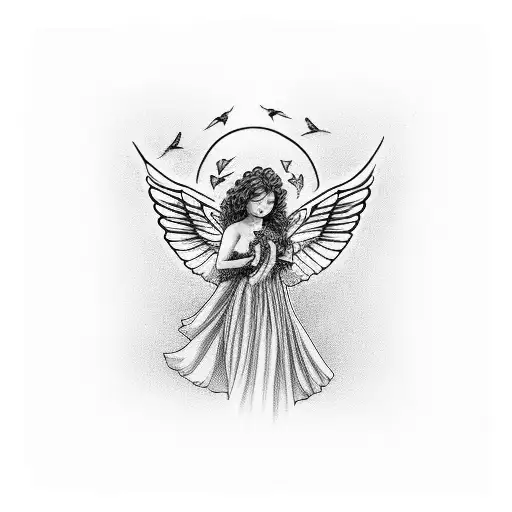 Angel With Curly Hair And A Hummingbird On Her Arm