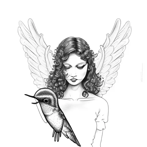 Angel With Curly Hair And A Hummingbird On Her Arm