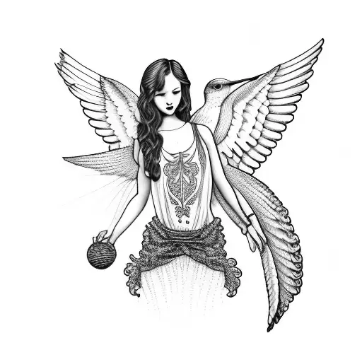 Angel With Curly Hair And A Hummingbird On Her Arm