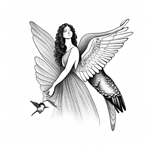 Angel With Curly Hair And A Hummingbird On Her Arm
