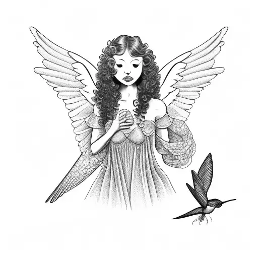 Angel With Curly Hair And A Hummingbird On Her Arm