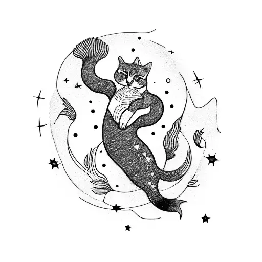 A Cat Mermaid Swimming Among Stars In The Night Sky