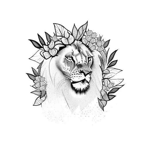 A Majestic Lion Surrounded By Tropical Flowers And Leaves