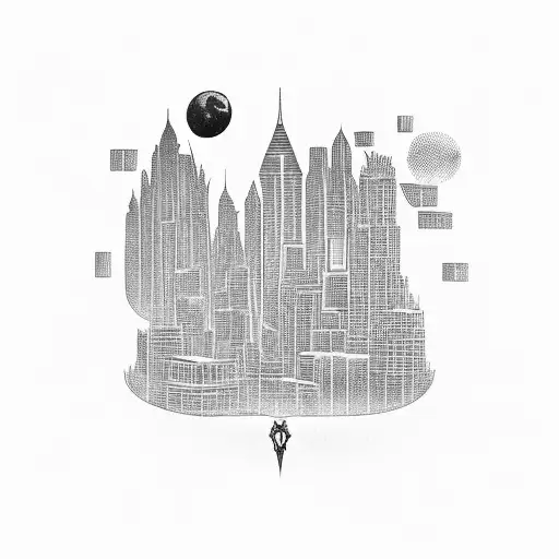 A Blackwork Tattoo Of A Futuristic Cityscape Inspired By Diablo 4