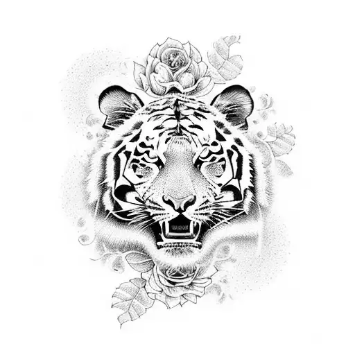 A Unique Dotwork Design Combining The Elements Of A Tiger And A Vibrant Flower Bouquet