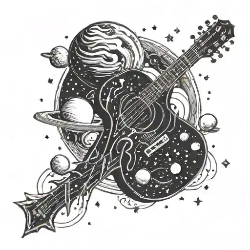 A Cosmic Guitar Floating In Space Surrounded By Planets And Stars