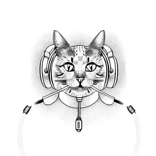 A Dotwork Tattoo Of A Cat Wearing Headphones And Surrounded By Musical Notes