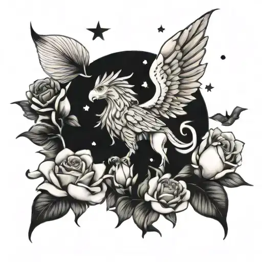 Griffin Surrounded By Rose And Lilly Under Stars