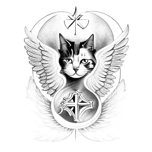 A Cat With Angel Wings Surrounded By Religious Symbols