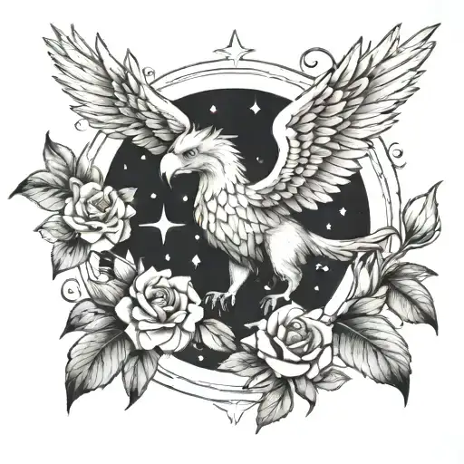 Griffin Surrounded By Rose And Lilly Under Stars