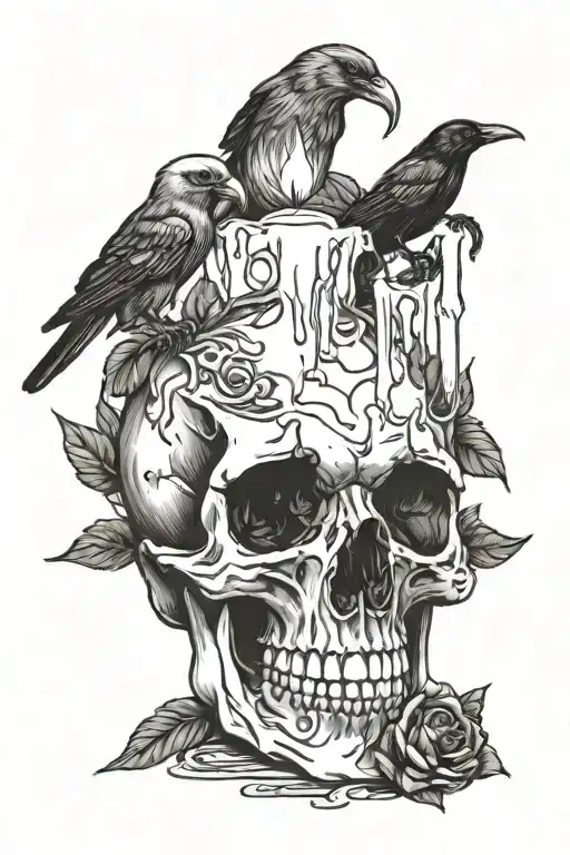 Black And White Realism Skull With Candle Melting With A Raven On The Skull