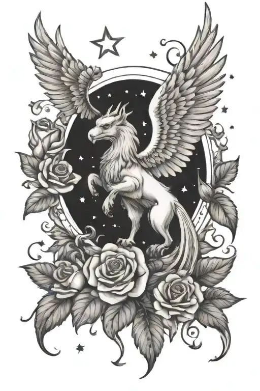 Griffin Surrounded By Rose And Lilly Under Stars