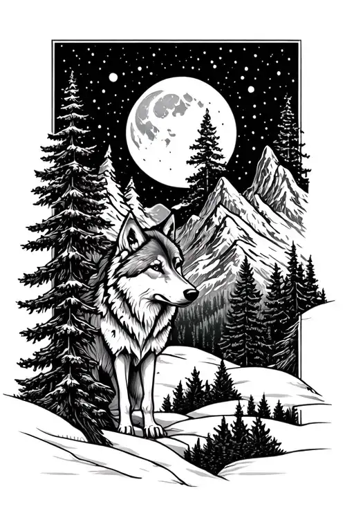 Wolf And Trees With Moon And Mountains