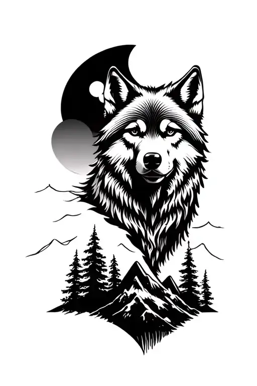 Wolf And Trees With Moon And Mountains