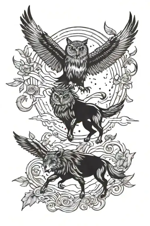 Owl Flying Over A Charging Bull And Howling Wolf Howling At The Moon