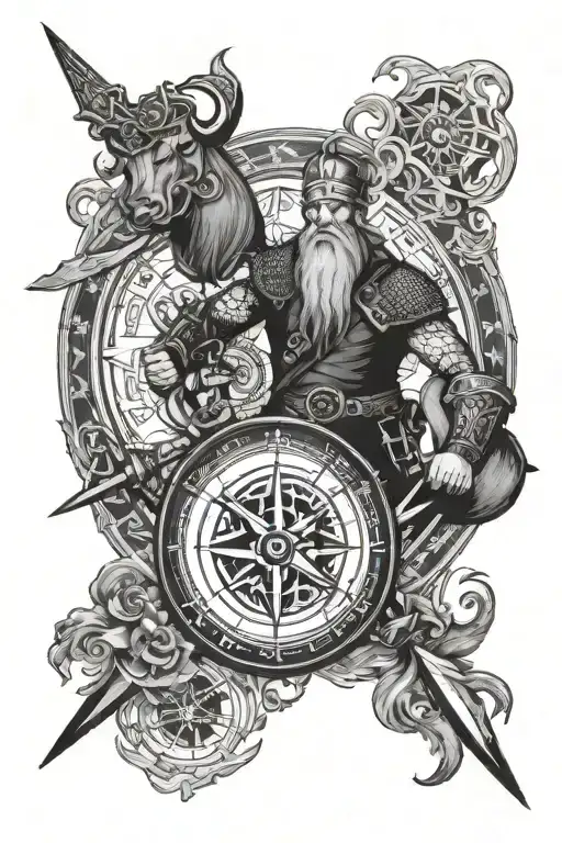 Viking Compass And Traditional Viking Warrior Wielding