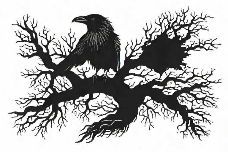 Tree With Roots And A Raven Perched