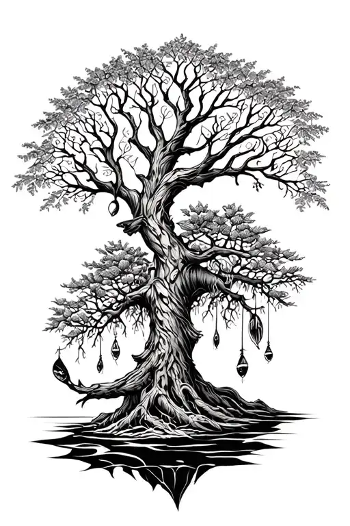 A Tree Of Life Design With Hunting And Fishing Motifs Branching Out Into Intricate Patterns