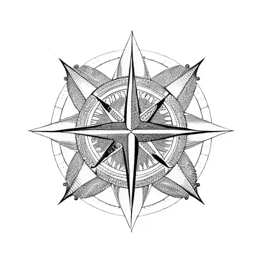 A Blackwork Tattoo Of A Compass Rose With Olho Symbols Replacing The Cardinal Directions