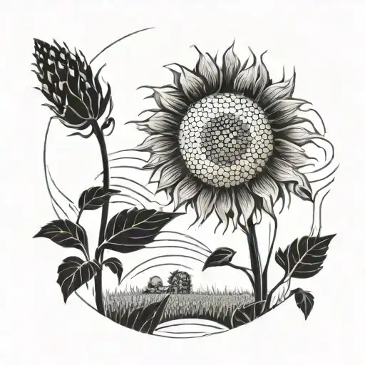 A Stylized Blackwork Design Of A Sunflower Field With A Silhouette Of A Person Walking Through It