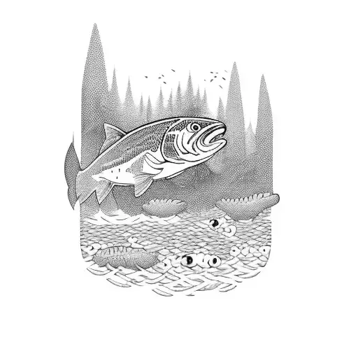 A Majestic Trout Swimming Upstream In A River Surrounded By Lush Forest