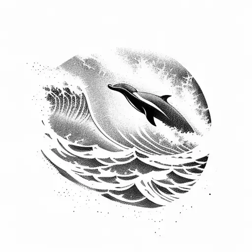 A Majestic Wave Breaking On The Shore With Dolphins Leaping Out Of The Water