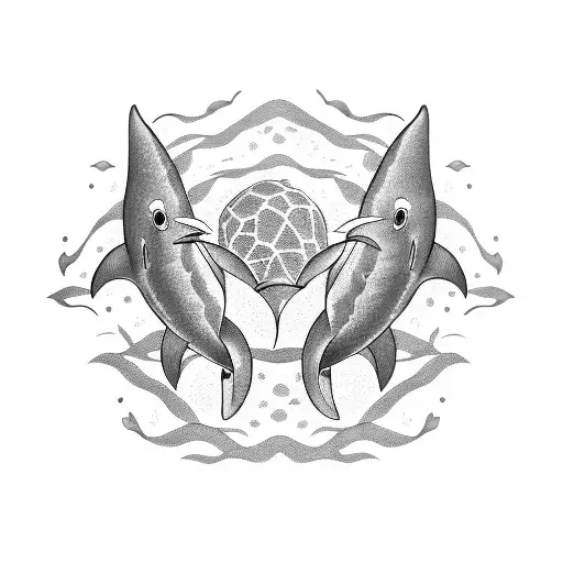 A Blackwork Tattoo Of A Shark And A Turtle Swimming Together In The Deep Sea
