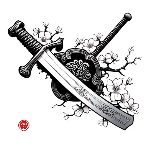 Samurai Sword With Cherry Blossoms Coming Out Of The Tip Blackout